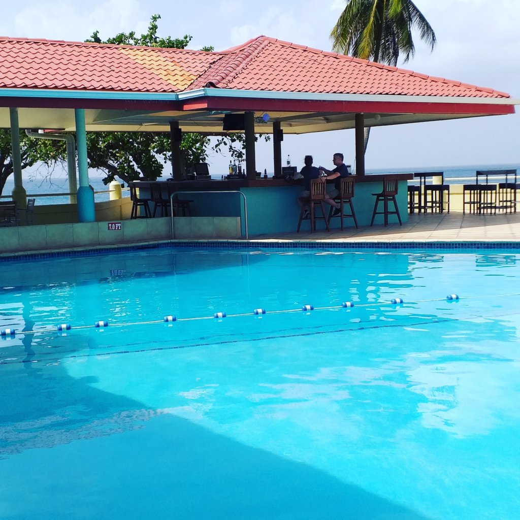 This photo shows the swimming pool with the bar behind
